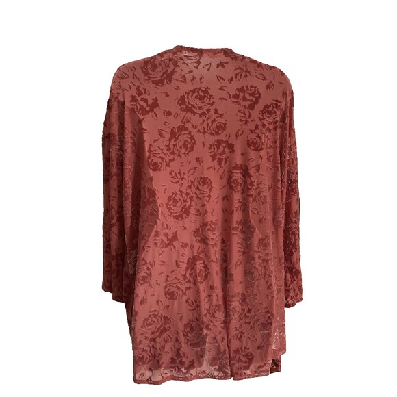 Thyme & Honey Open Front Cardigan Size L Pink Floral Sheer Velour Bell Sleeves - Picture 9 of 10
